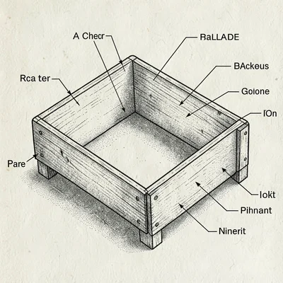 Pen-ink technical-style exploded view of a wooden dog bed, hairline arrows label