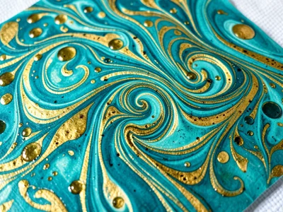 Large-scale curling gel pattern in turquoise and gold, ebru adapted to A2 sheet,