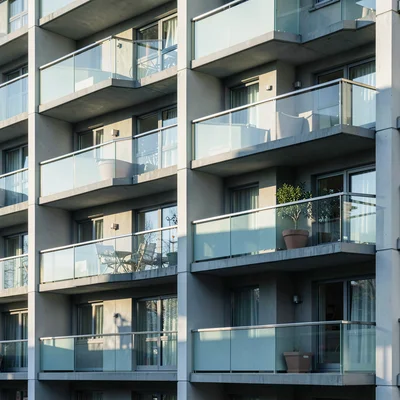 Precise geometric composition, industrial clarity, Modern apartment building fac
