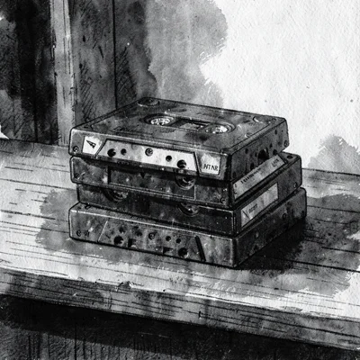 Charcoal editorial study of a stack of cassette tapes on a wooden counter, smudg