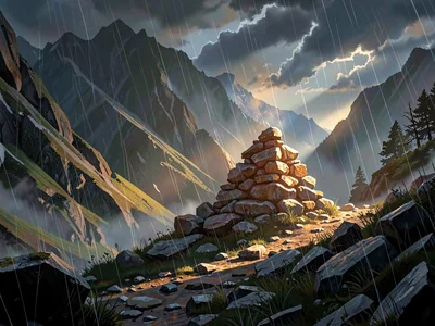 Stormy mountain pass with a single shaft striking a wayfarer's cairn, warm amber
