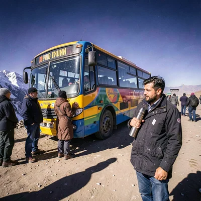 High altitude photograph, thin mountain air, A bus painted in bright colors wait