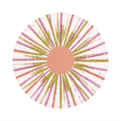 abstract halftone-banded firework-burst from a central solid disc in salmon, mus