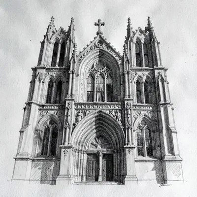 Charcoal sketch of a cathedral facade with gargoyle detail and velvet darks