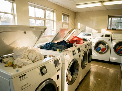 A row of top-loading washing machines with their lids open in various states — t