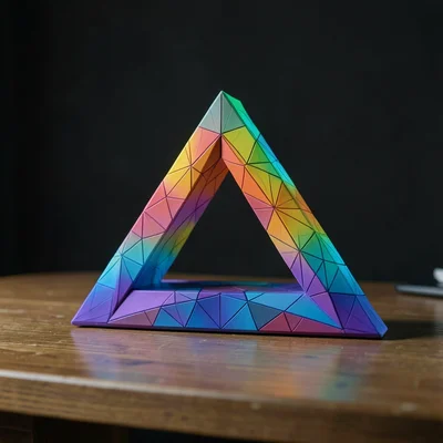 Penrose triangle rendered photorealistically, sitting on desk as if real object