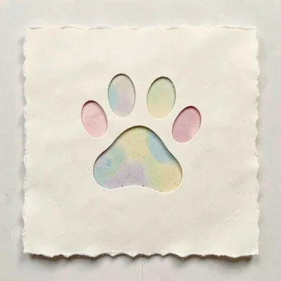 Cut-paper composition of a paper paw print stamped across cream layers, gentle d