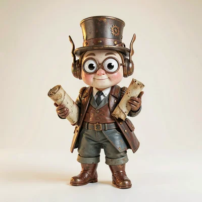 Whimsical character illustration of a wide-eyed cartographer with rolled scrolls
