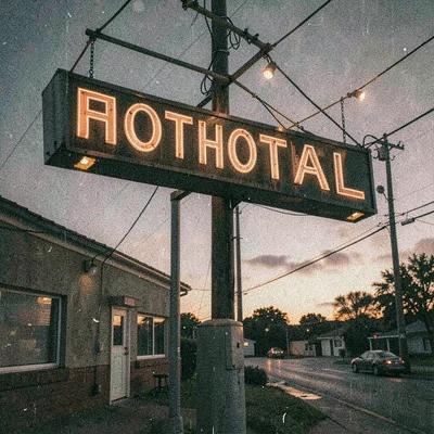 Grainy digital illustration, motel sign at dusk , film grain texture overlay, no