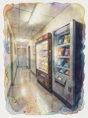Vending machine in motel hallway, candy bars and chip bags glowing, multiple pig