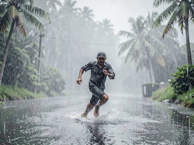 Person running through monsoon
