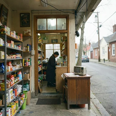 Quiet small town photography, contemplative scene, A small grocery shop interior