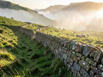 Stone wall cutting through a green hillside with sheep grazing in the distance, 
