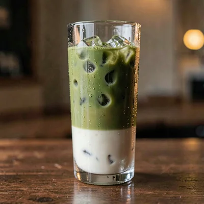Tall glass of cold matcha-latte over ice, the dark green hovering above pale mil