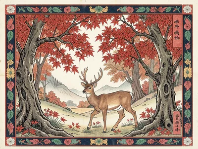 Deer in a forest glade beneath red maple leaves in autumn