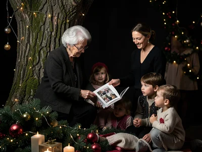 Grandparent showing photo album to grandchildren by tree, holiday gathering