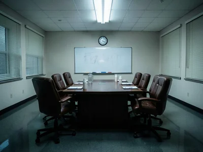 An empty jury deliberation room, twelve leather swivel chairs around a long conf