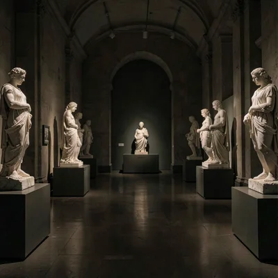 Moody view of a sculpture hall with marble figures fading into shadow at the bac