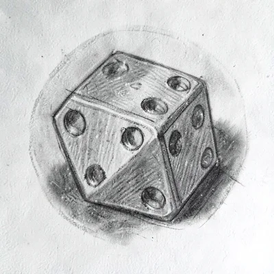 Charcoal study of a single twenty-sided die at a three-quarter angle, soft tonal
