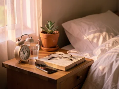 A bedside table at dawn — an analog alarm clock showing 6:12, a glass of water h