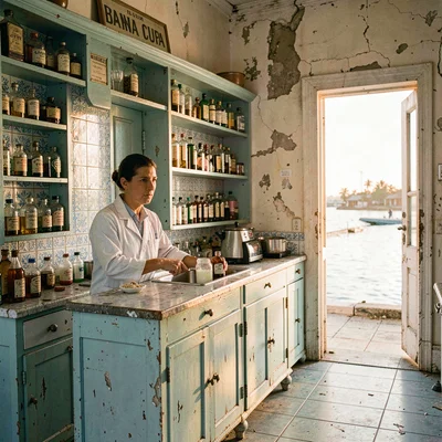 Faded pastel decay of Havana, Cuba, Pharmacy with original tiles and cabinets, a