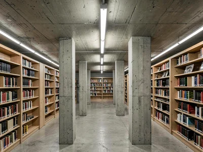 A brutalist library reading room — concrete columns between shelves, strip light