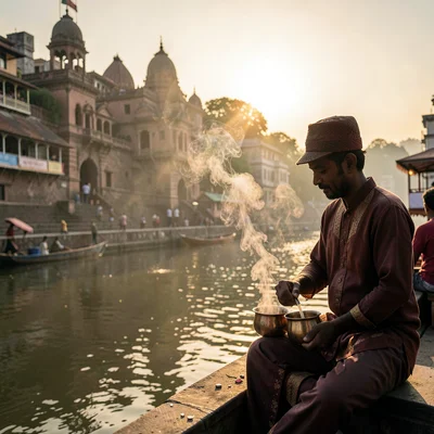 Sacred smoke catching golden Ganges light in Varanasi, Chai wallah pouring tea i