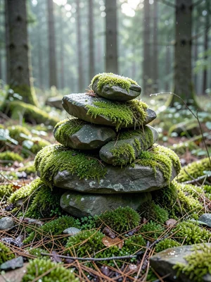 Stone cairn covered in fresh spring moss, forest floor, morning dew