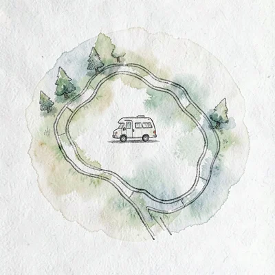 Hand-drawn route map illustration of a national park loop with a tiny RV icon, s