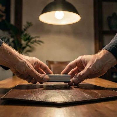 Two hands shuffling a deck on a leather mat, warm overhead lamp