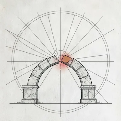 Blueprint problem-frame illustration of a fractured load-bearing arch with stres