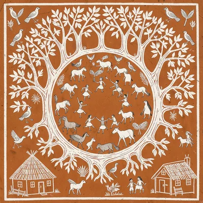 Sacred grove — dense circle of trees, animals and birds gathered inside