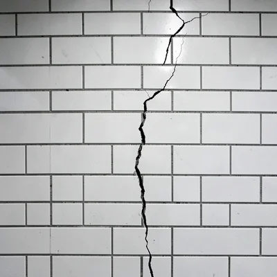 Subway tile wall with single crack breaking the pattern, perfection ruined