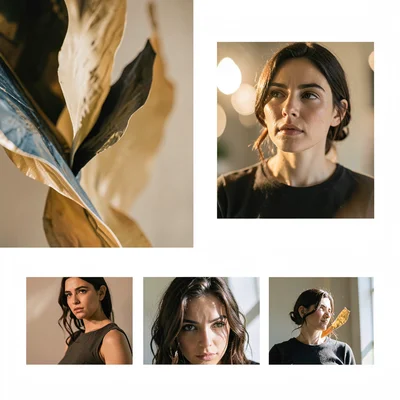 A photographer-portfolio editorial-essay layout with a hero abstract image left,