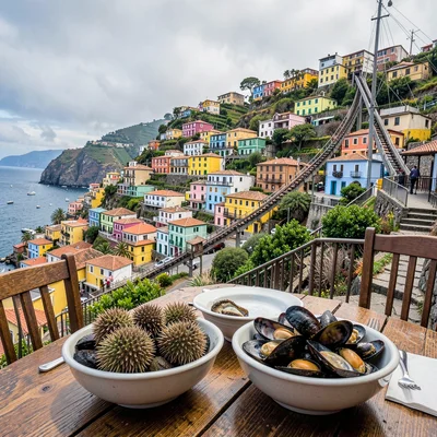 Valparaiso hillside color, painted houses climbing, Bowls of fresh sea urchin an