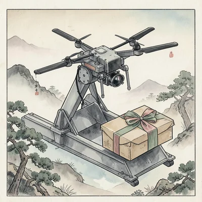 Drone delivery in ukiyo-e print style, drone as mechanical crane, package as wra