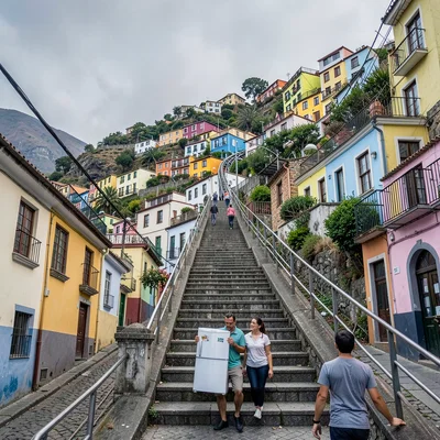 Valparaiso hillside color, painted houses climbing, Man carrying a refrigerator 