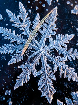 Hoar frost on a blade of grass, hexagonal ice crystal plates growing perpendicul