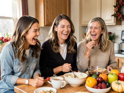 Three generations of women laughing at something off-camera during Thanksgiving 