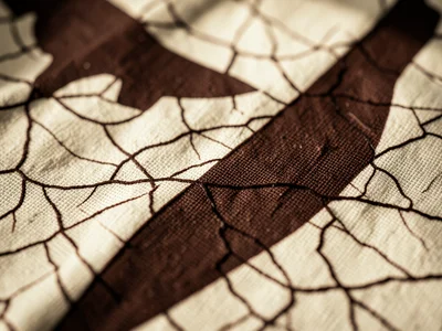Macro of Indonesian batik, the wax-resist dyeing technique visible in the fabric