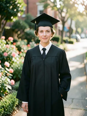 Graduate posed in garden with cap and gown, formal portrait, warm light