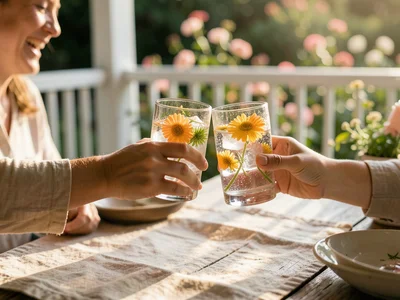 Hands reaching across a table to clink glasses of sparkling water with edible fl