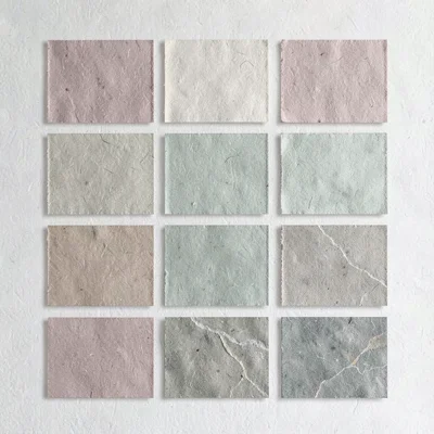 Modular grid of twelve tiny tonal swatches in dusty rose, oat, sage, and stone