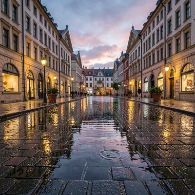 Square social tile of a flooded town square at twilight with painterly reflectio