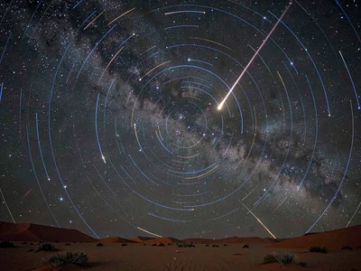 Meteor crossing star trail field