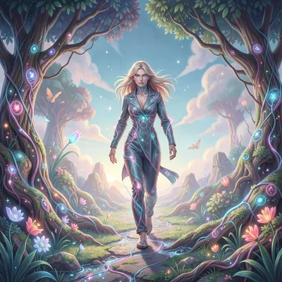 Neural network style illustration, figure walking between worlds , diffusion mod