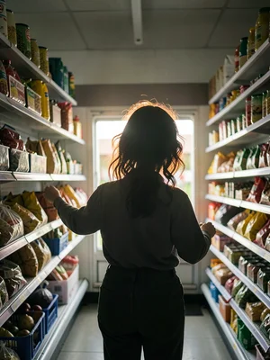 Grocery store worker stocking shelves, backlit by freezer section glow, rim ligh