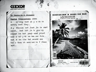 A typewritten memo copied and collaged with a magazine clipping of a tropical is