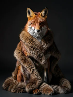 Fox in vintage fur stole draped over fox, meta-fashion commentary, studio