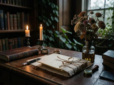 A desk with a fountain pen, sealing wax, a stack of letters tied with ribbon, dr